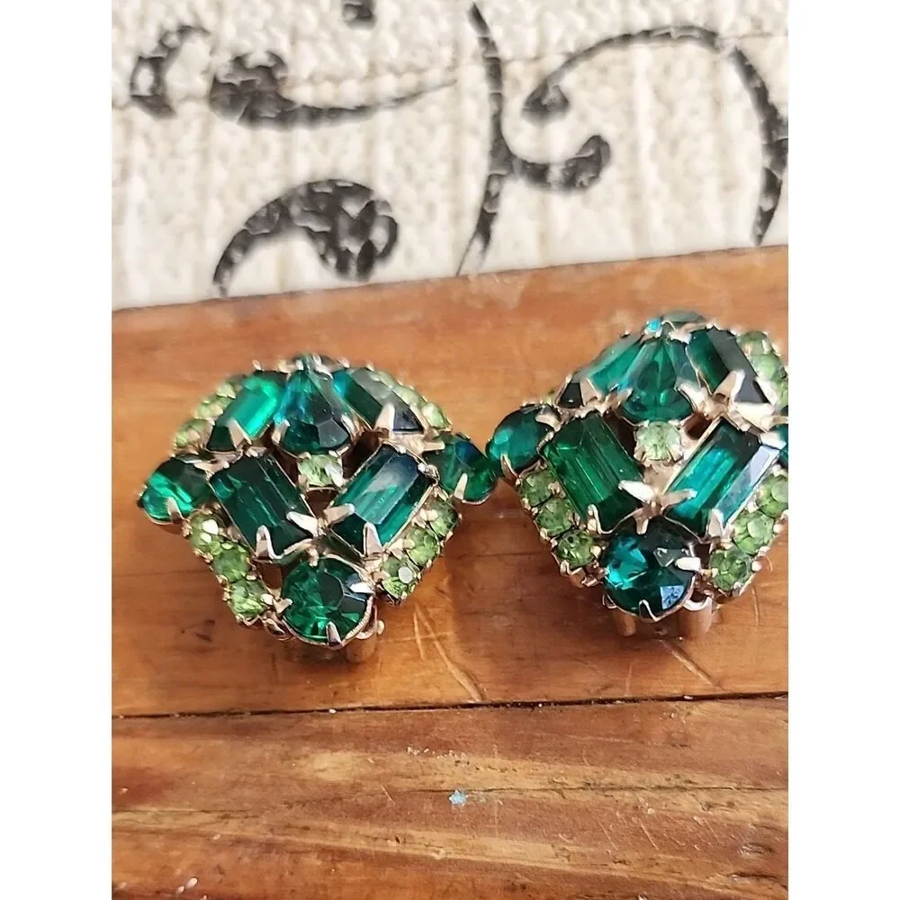 Emerald and Light Green Crystal Cluster Clip-On Earrings